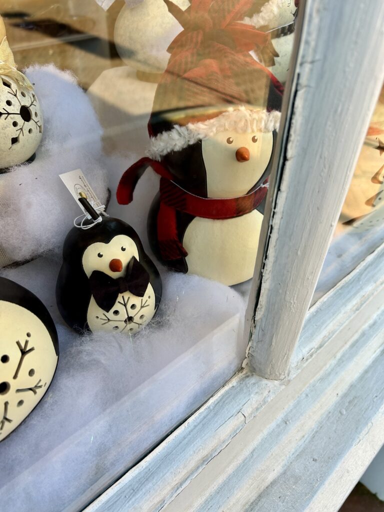 penguins in shop window.